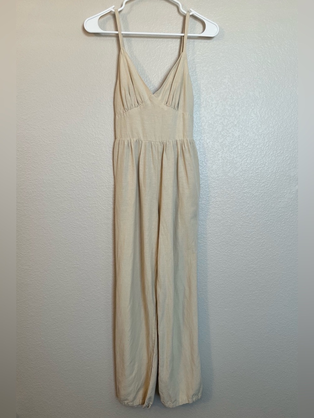 Japna Oatmeal Linen Blend Wide Leg Jumpsuit Open Back Tie Detail Pockets | Small